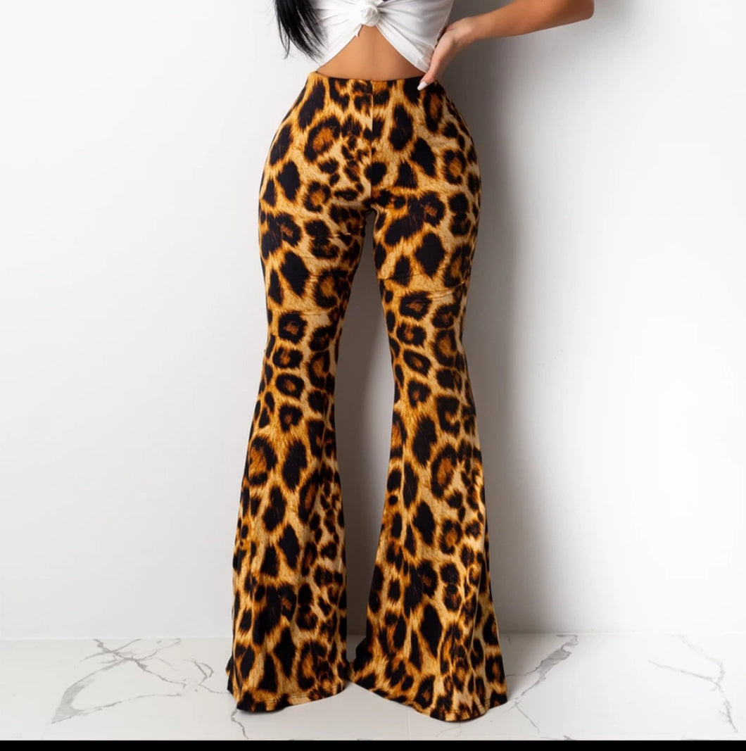 WOMEN LEOPARD PRINT FLARED LONG PANTS